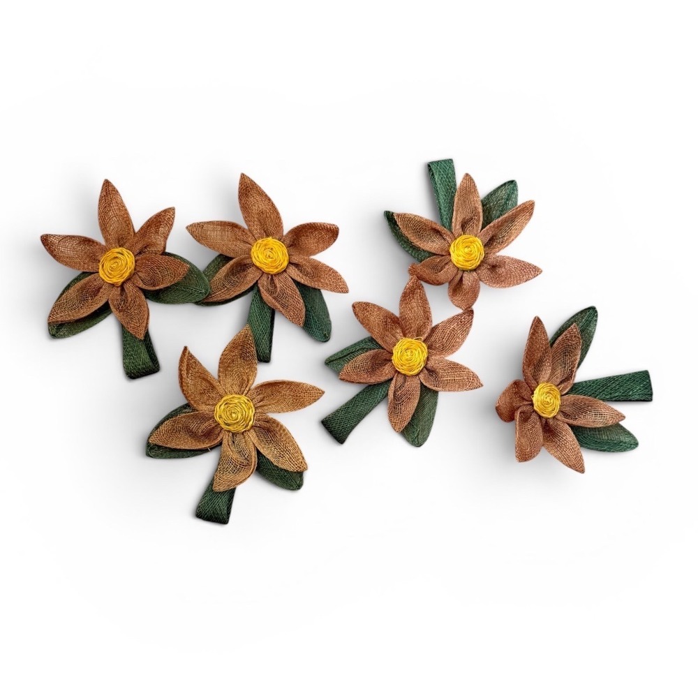 Vintage 1970s Set Of 6 Flower Napkin Rings Green Yellow Brown Burlap Retro Sharp